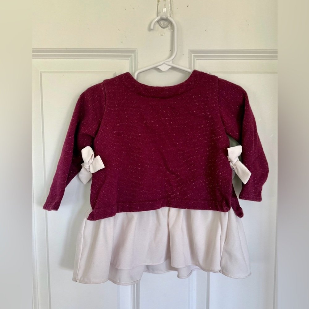 Adorable Maroon & White Layered Sweater w/ Peplum Ruffle & Bows - Size 18 months